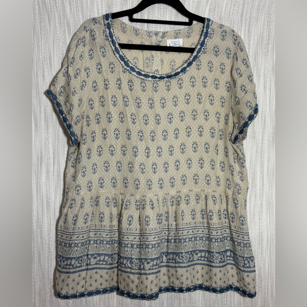 Sigrid Olsen Beige and Navy Patterned Blouse